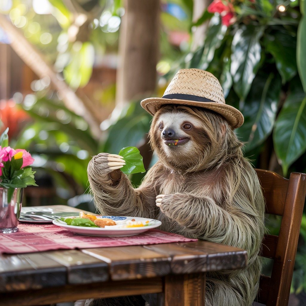 Un perezoso comiendo en un restaurante.