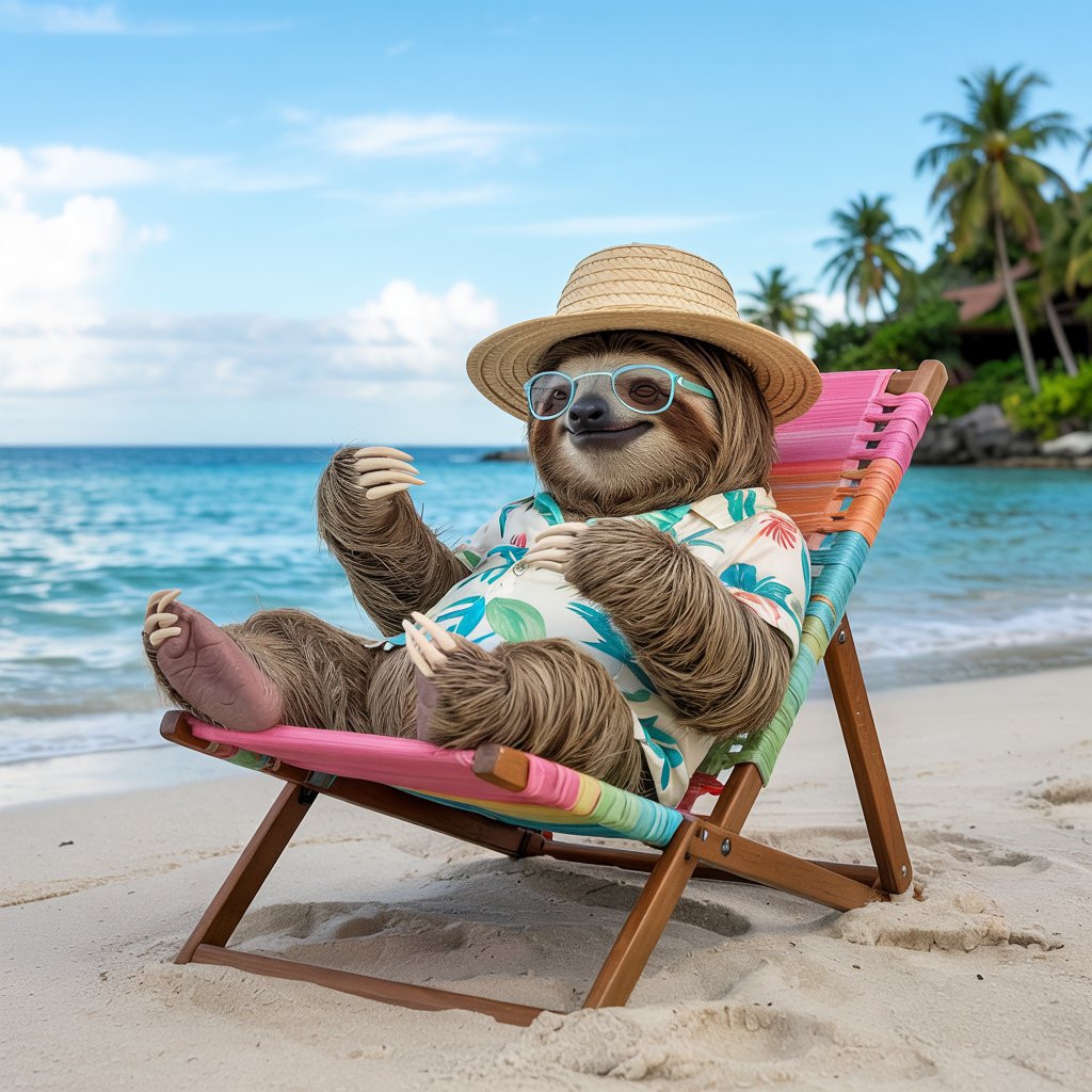 Un perezoso sentado en una silla de
  playa.