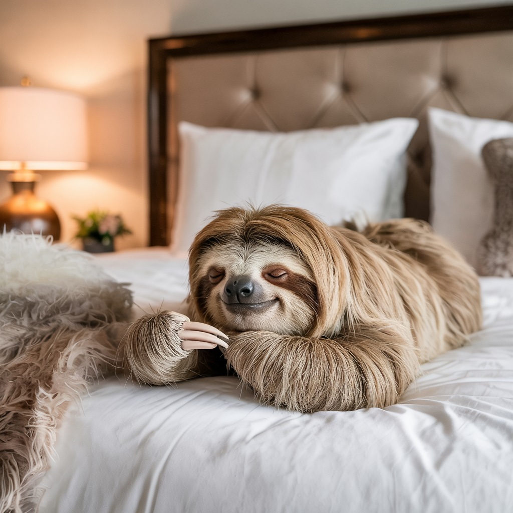 Un perezoso relajándose en una cama
  de hotel.